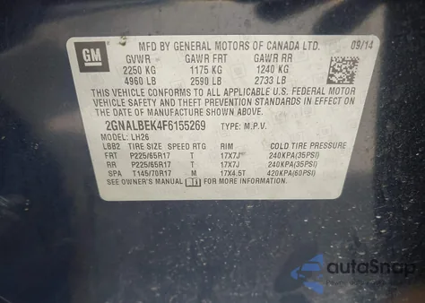 2015 Chevrolet Equinox 1Lt z USA, uszkodzony, nr VIN 2GNALBEK4F6155269